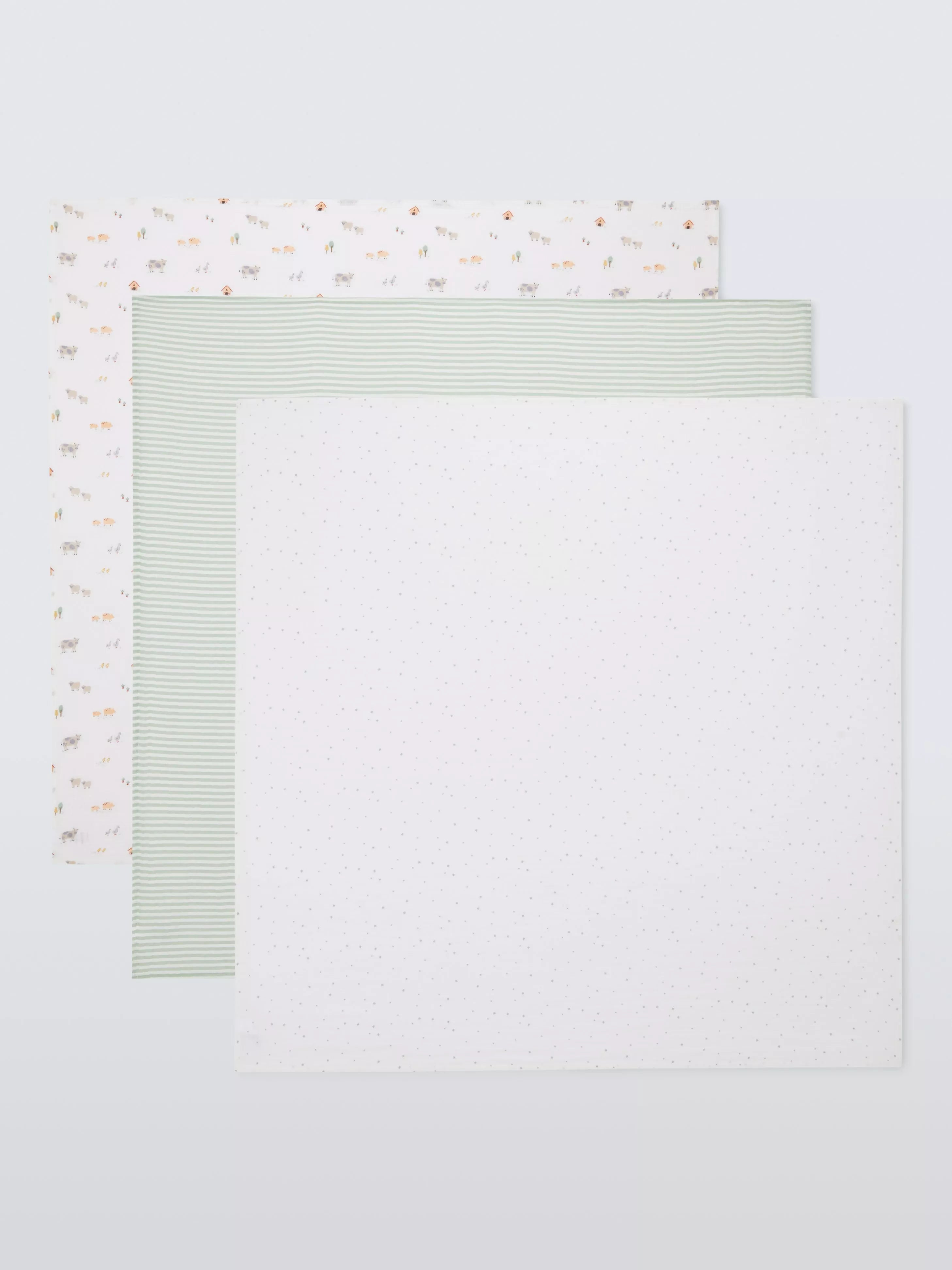 John Lewis Farm Print Large Muslin Cloths, Pack of 3, White/Multi - McGrocer