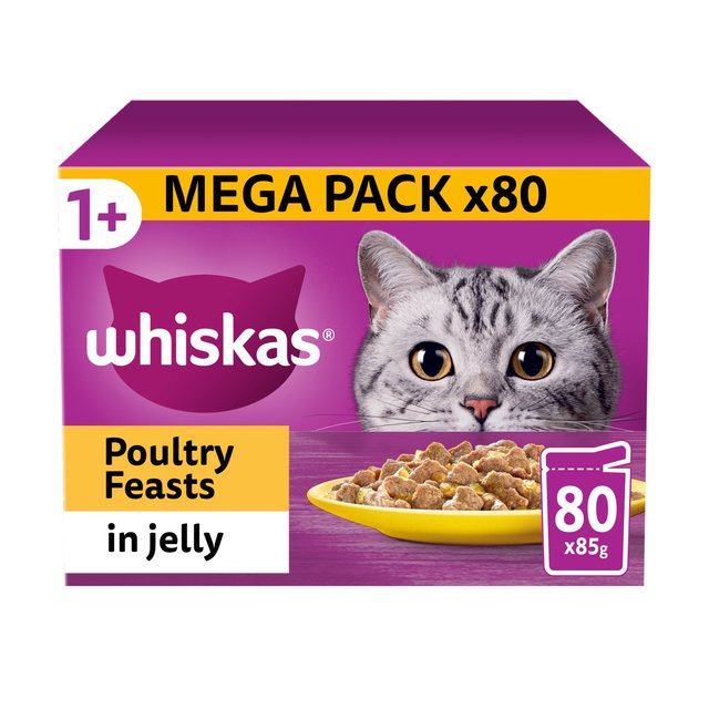 Whiskas 1+ Adult Wet Cat Food Poultry Feasts in Jelly 80 x 85g GOODS M&S