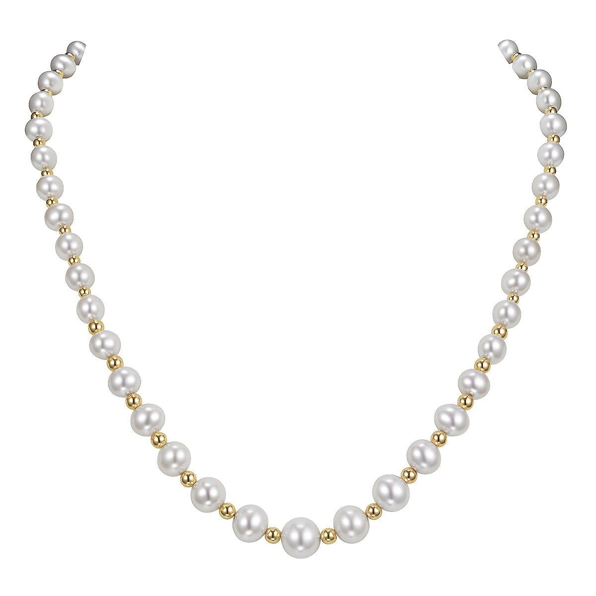5-9mm Cultured Freshwater Pearl and Gold Bead Graduated Necklace, 14ct Yellow Gold - McGrocer