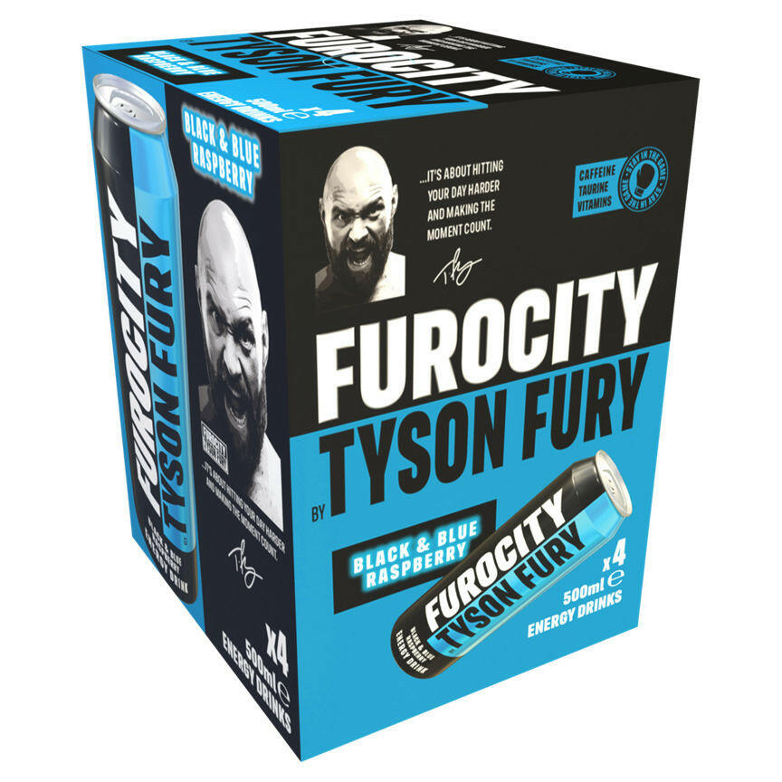 Tyson Fury Furocity Black & Blue Raspberry Energy Drink Cans GOODS ASDA