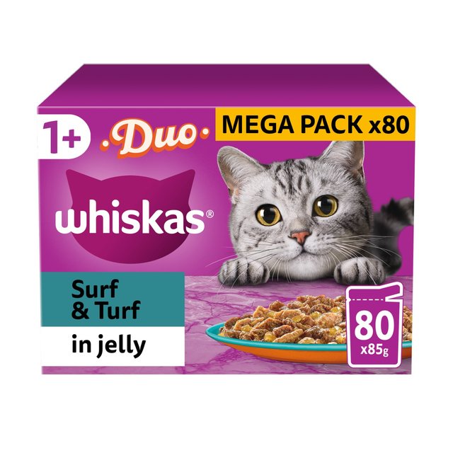 Whiskas 1+ Adult Wet Cat Food Pouches Surf & Turf Duo in Jelly 80 x 85g GOODS M&S