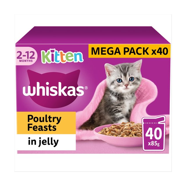 Whiskas Kitten 2-12mths Wet Cat Food Pouches Poultry Feasts in Jelly 40 x 85g GOODS M&S