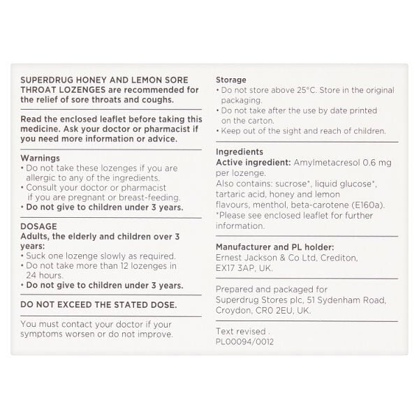Superdrug Honey & Lemon Sore Throat 24 Lozenges GOODS Superdrug