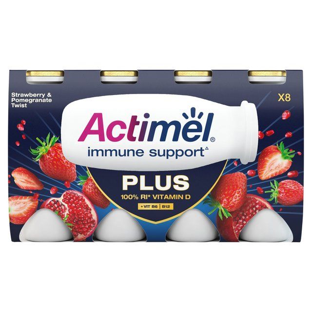 Actimel Plus 100% Vitamin D Strawberry & Pomegranate Immunity Yoghurt 8 x 100g - McGrocer
