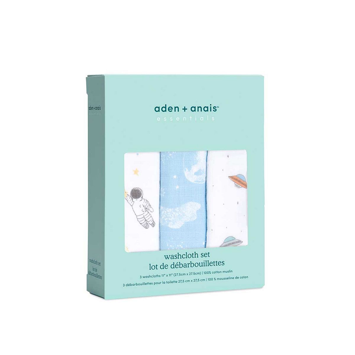 aden + anais™ Essentials 3 Pack Cotton Muslin Washcloth - Space Explorers - McGrocer