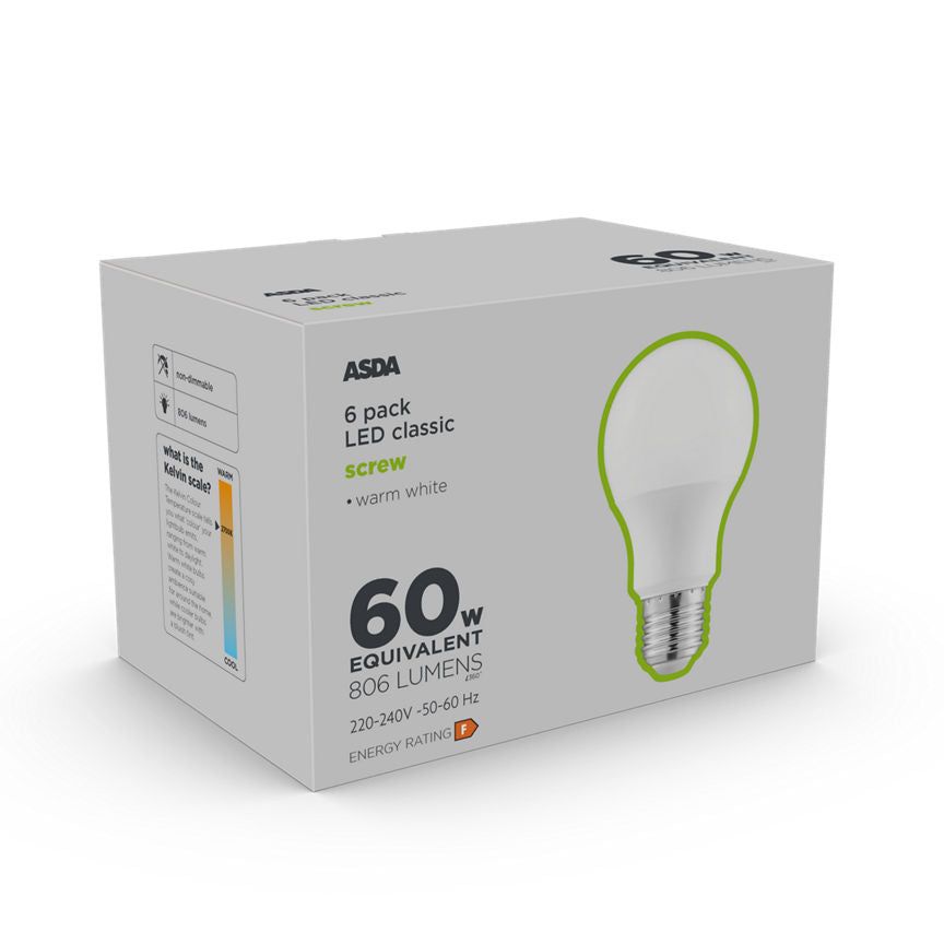ASDA LED Classic 60W Large Screw Lightbulb 6PK - McGrocer