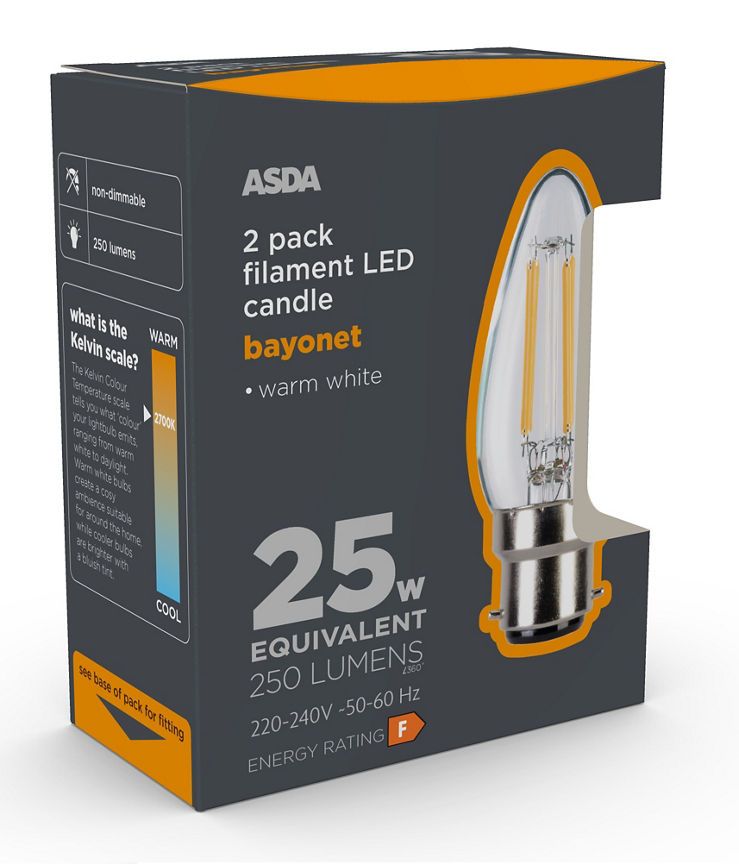 ASDA LED Filament Candle 25W Large Bayonet Clear Lightbulb - McGrocer
