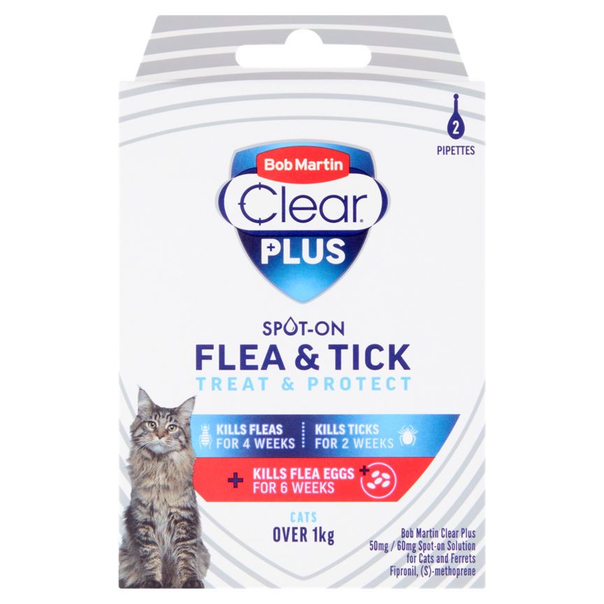 Bob Martin Clear Plus Spot-On Flea & Tick Solution for Cats & Ferrets 2 Pipettes - McGrocer