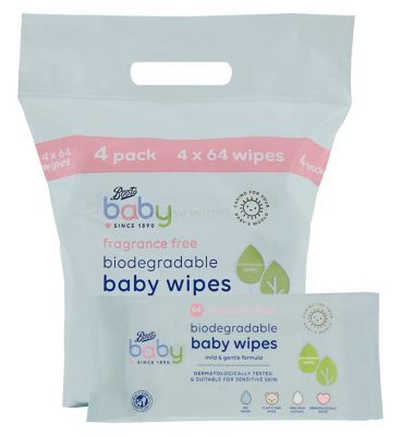 Boots Baby Biodegradable Fragrance Free soft baby wipes, 64x4 pack = 256 wipes - McGrocer