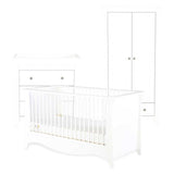 CuddleCo Clara 3pc White Nursery Furniture set - 3 Drawer Dresser, Cot Bed, and Wardrobe