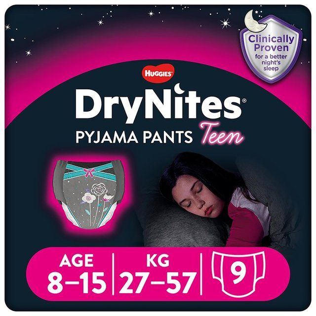 Huggies DryNites Girls Pyjama Pants 8-15 Yrs (27-57kg) 9 per pack