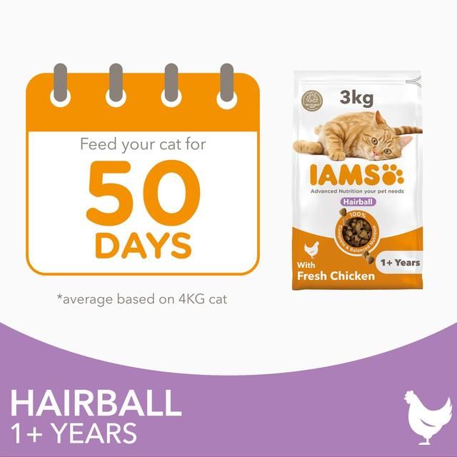 IAMS 1+ Years Hairball Dry Cat Food Chicken 3kg