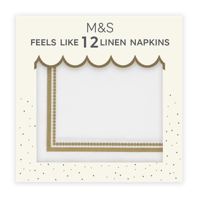 M&S White & Gold Feels Like Linen Napkins 12 per pack