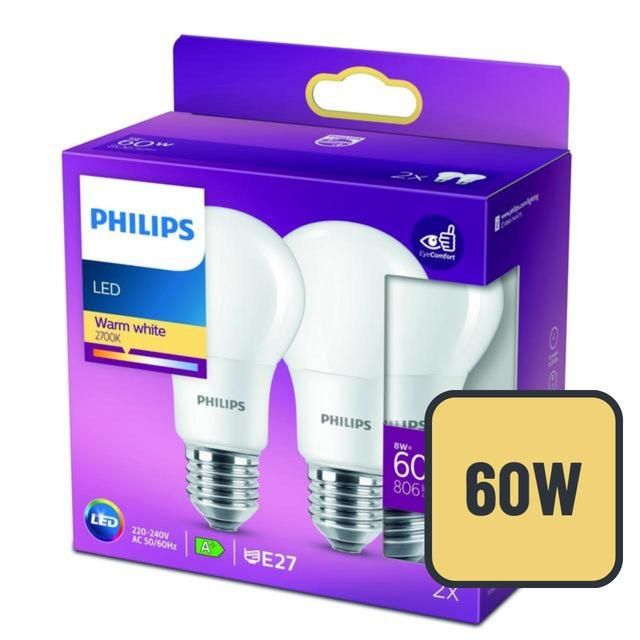 Philips LED Classic Frosted 60W A60 Light Bulb E27 Warm White 2 per pack