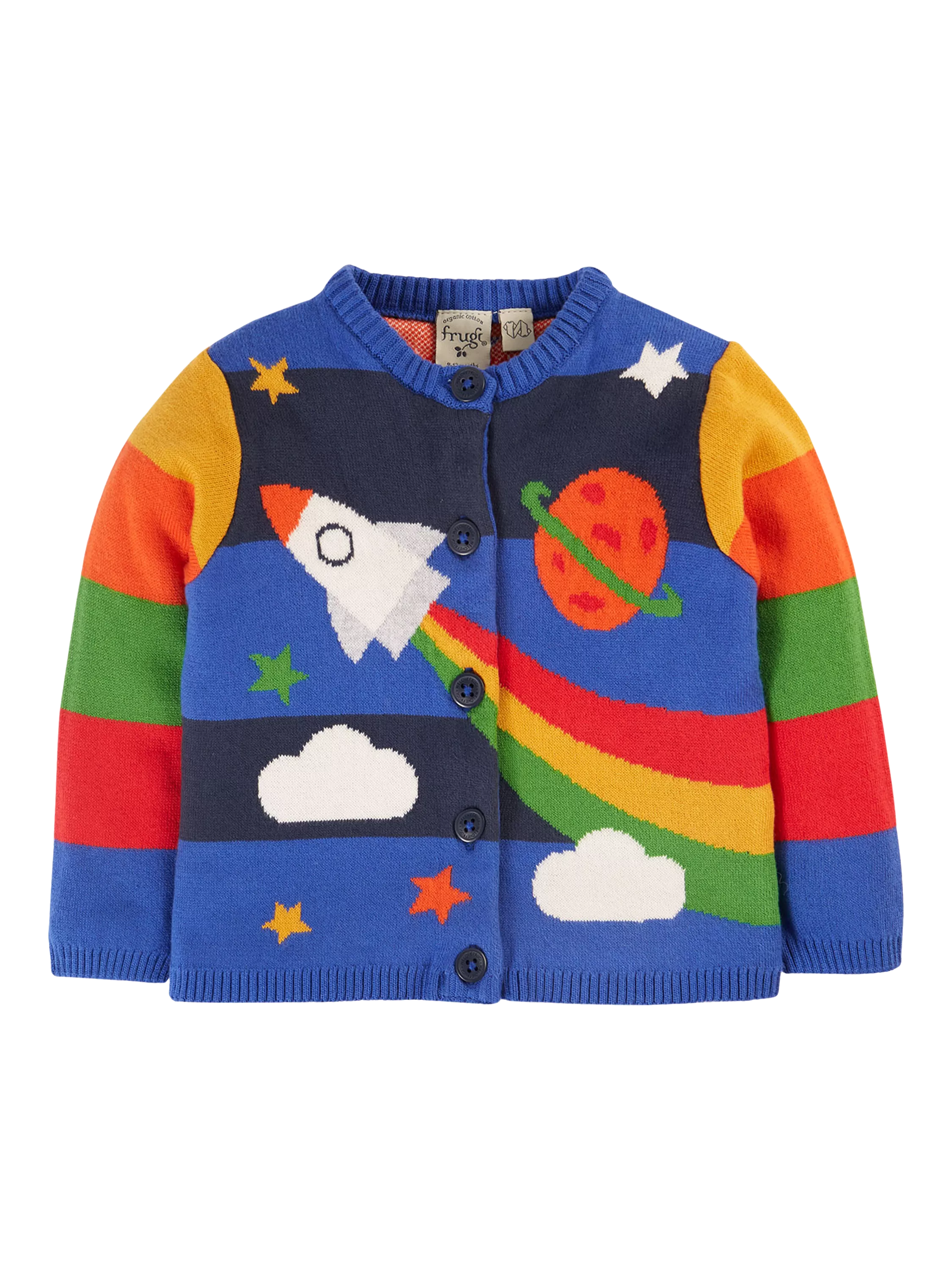 Frugi Baby Corin Knitted Cardigan, Blue/Rocket Flight - McGrocer