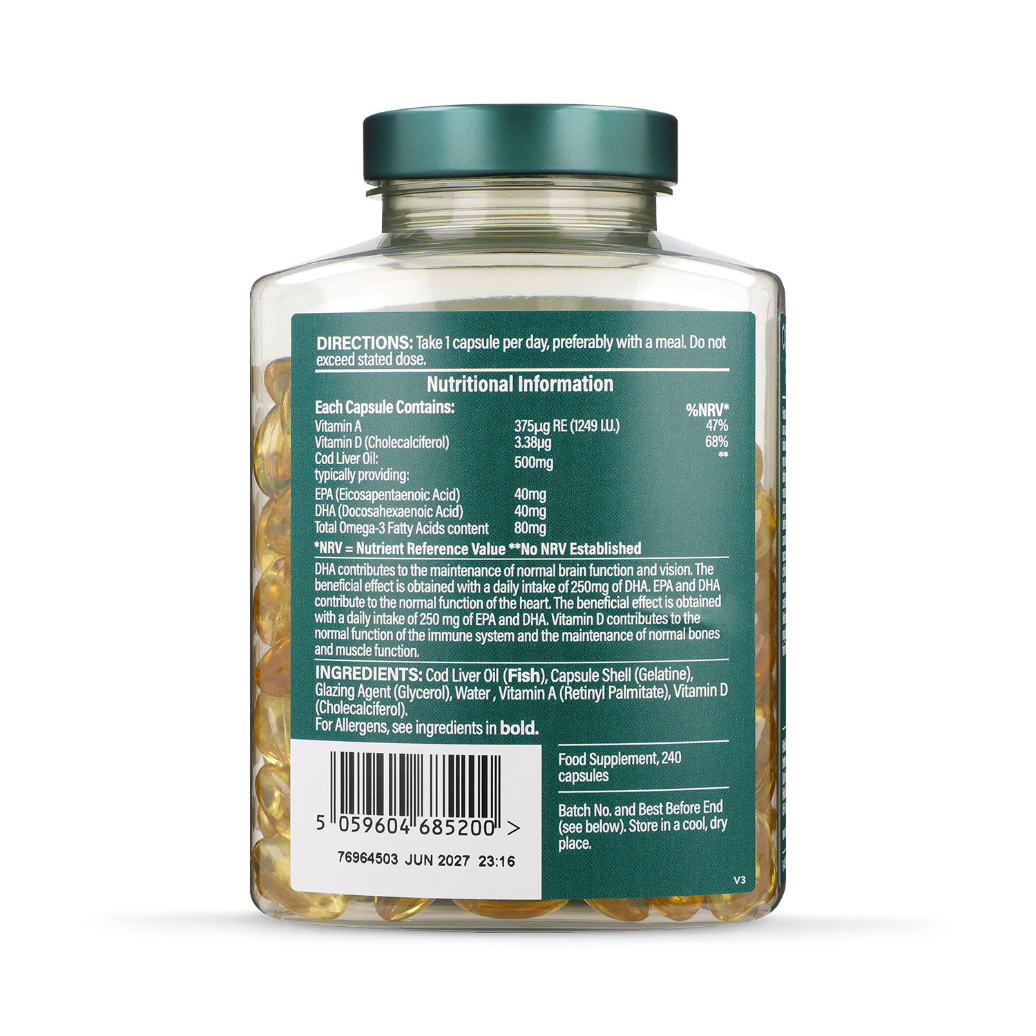 Holland & Barrett Pure Cod Liver Oil 500mg 120 Capsules - 999052