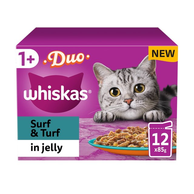 Whiskas 1+ Adult Wet Cat Food Pouches Surf & Turf Duo in Jelly   12 x 85g GOODS M&S   