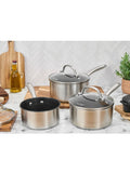 Ensemble de 3 casseroles antiadhésives Prestige en acier inoxydable argenté avec couvercles