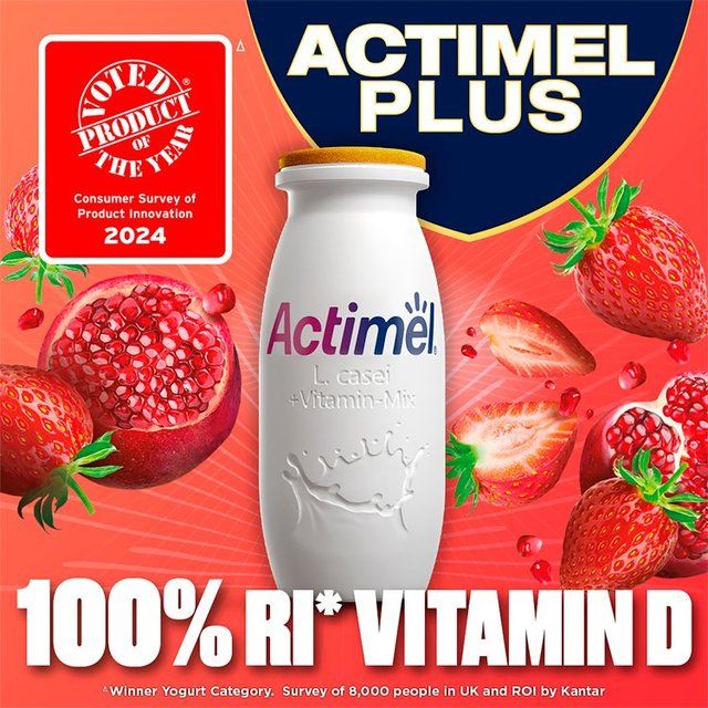 Actimel Plus 100% Vitamin D Strawberry & Pomegranate Immunity Yoghurt   8 x 100g - McGrocer