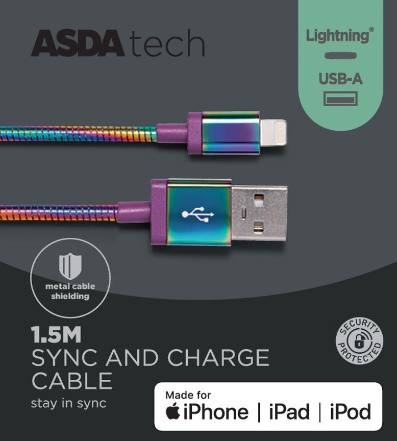 ASDA Tech Lightning Cable - Iridescent Metal 1.5m - McGrocer