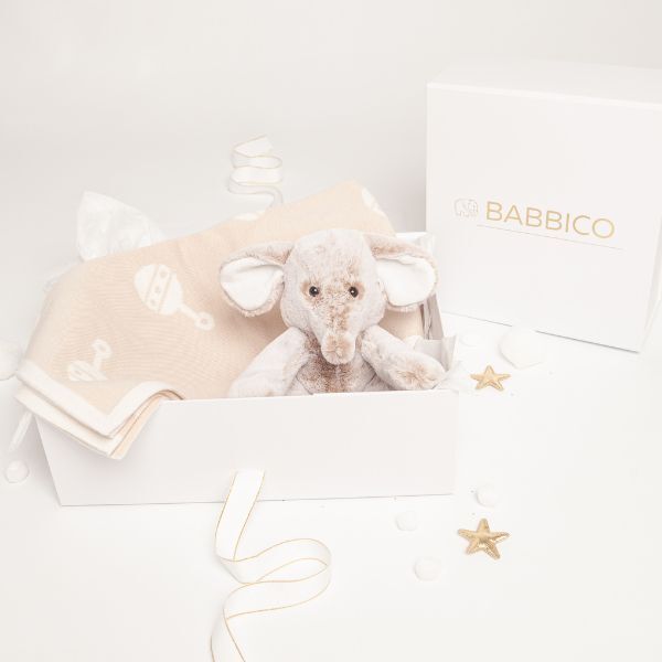 Babbico Beige Elephant Toy And Rattle Blanket Baby Gift Set - McGrocer