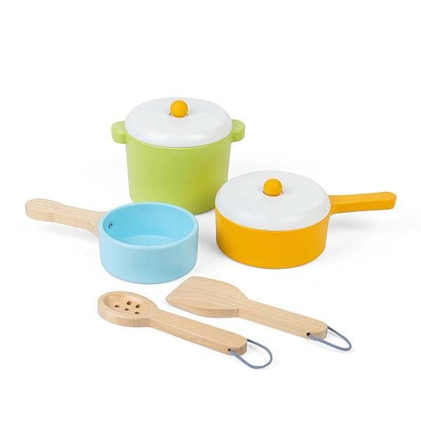 Bigjigs Toys Wooden Role Play Pots & Pans Set - McGrocer