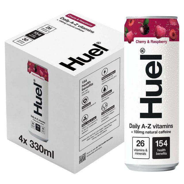 Huel Daily A-Z Cherry &amp;amp; Raspberry Sparkling Multivitamin Energy Drink   4 x 330ml