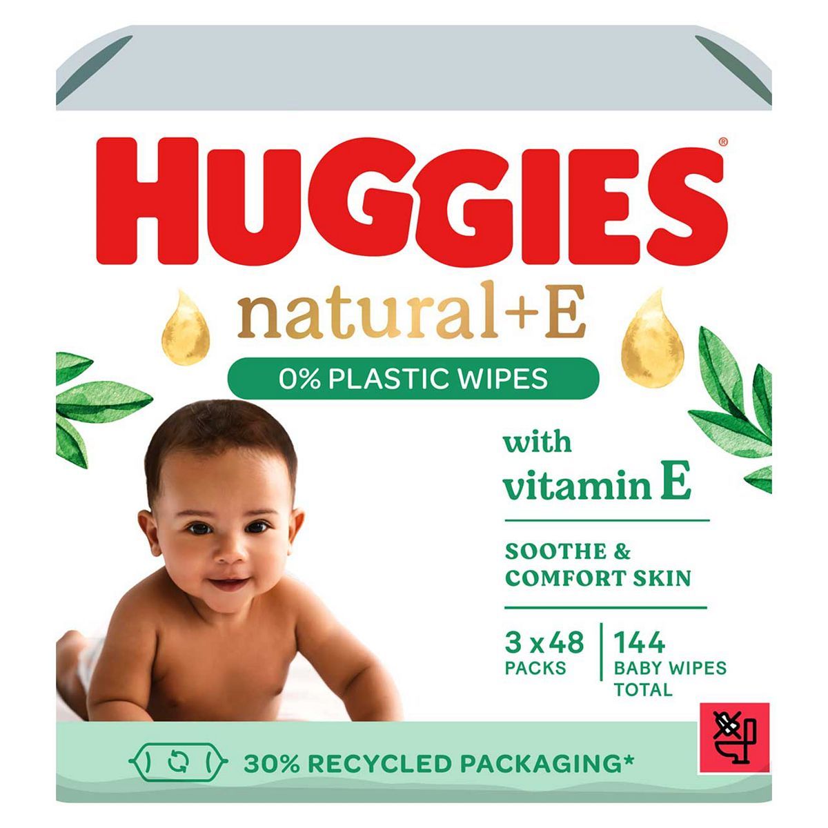 Huggies Natural Plus Vitamin E 0% Plastic Baby Wipes - 3 packs of 48 wipes.