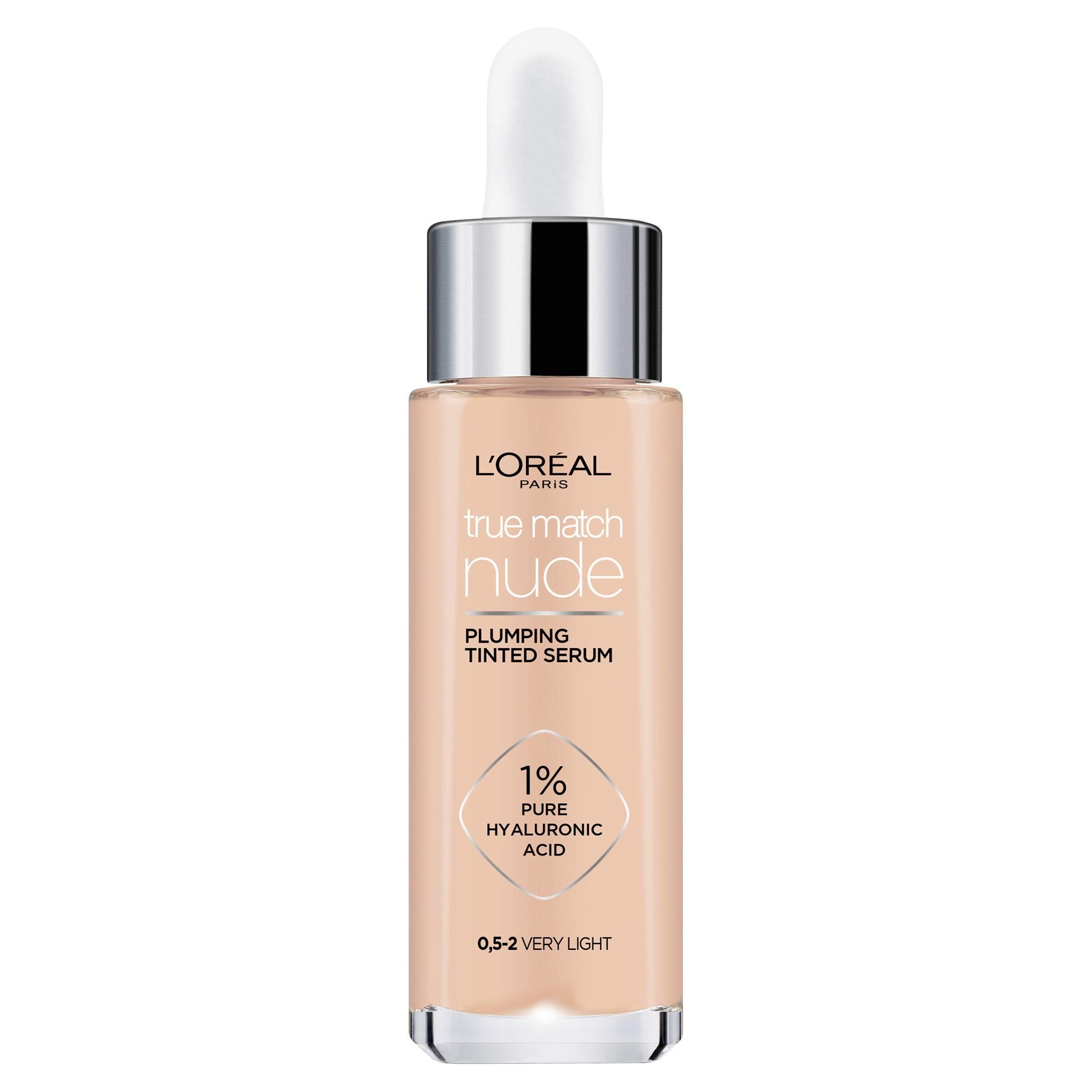 L'Oreal Paris True Match Nude Plumping Tinted Serum, 1% Hyaluronic Acid, Shade 0.5-2 Very Light