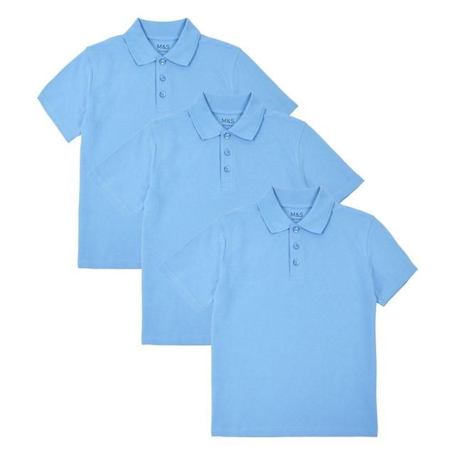 M&amp;amp;S 3pk Pure Cotton School Polo Shirts 3-12 Years Blue
