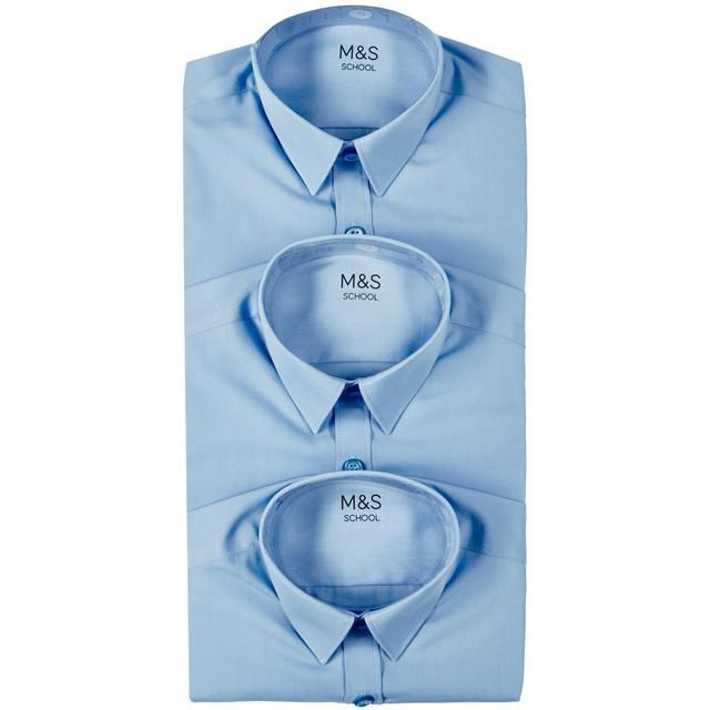 M&amp;amp;S 3pk Regular Fit Easy Iron Shirts 3-14 Years Blue