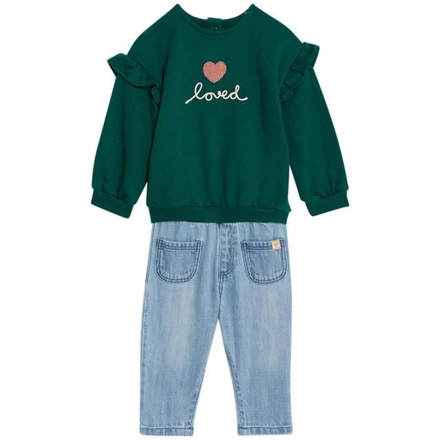 M&amp;amp;S Cotton Heart Sweat and Jean Outfit '0-3 M Green Mix