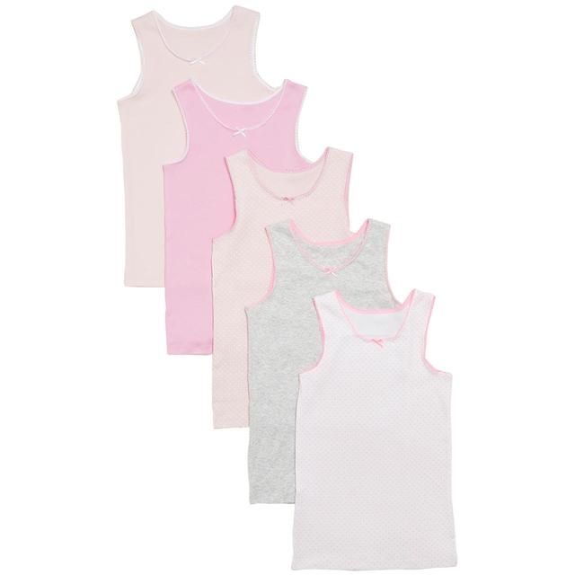 M&amp;amp;S Girls Pure Cotton Spotted &amp;amp; Plain Vests 5 pack 2-12 Years Pink Mix