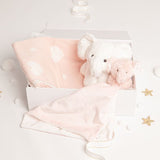 Coffret cadeau bébé Babbico : jouet éléphant, couverture rose et couette