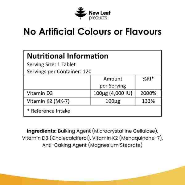 New Leaf Vitamin D3 &amp;amp; K2 Tablets D3 4000iu + K2 100mcg