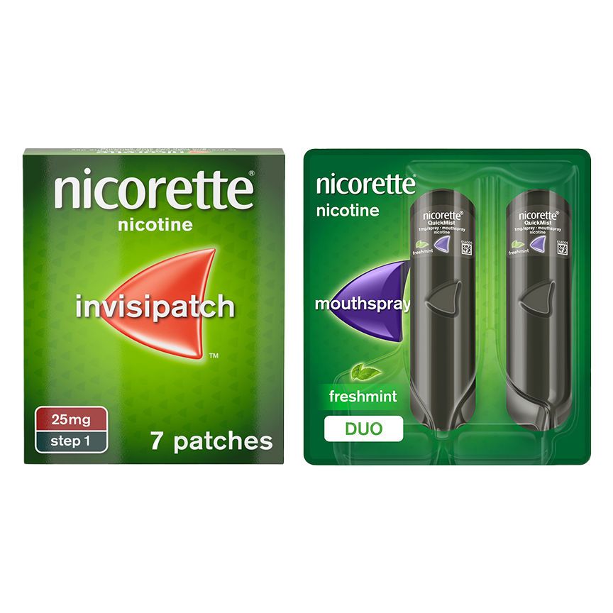 Nicorette Invisi 25mg Patch 7 pack &amp;amp; QuickMist 1mg/spray Mouthspray Freshmint 2 x 150 sprays Bundle