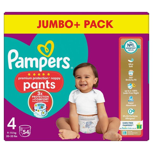 Pampers Premium Protection Nappy Pants Size 4 (9-15kg) Jumbo+ Pack   54 per pack