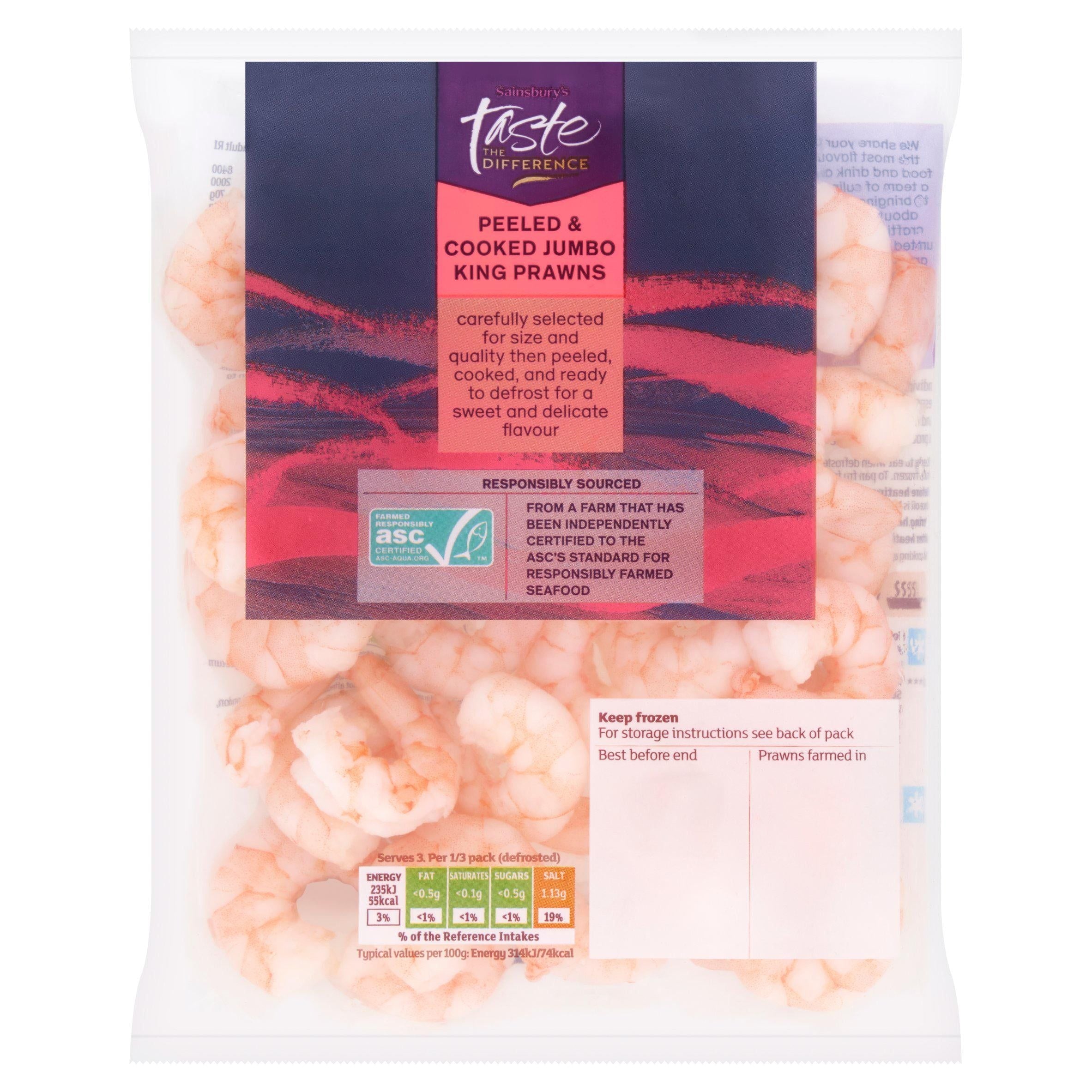 Sainsbury's Frozen Cooked &amp;amp; Peeled Jumbo King Prawns ASC, Taste the Difference 225g