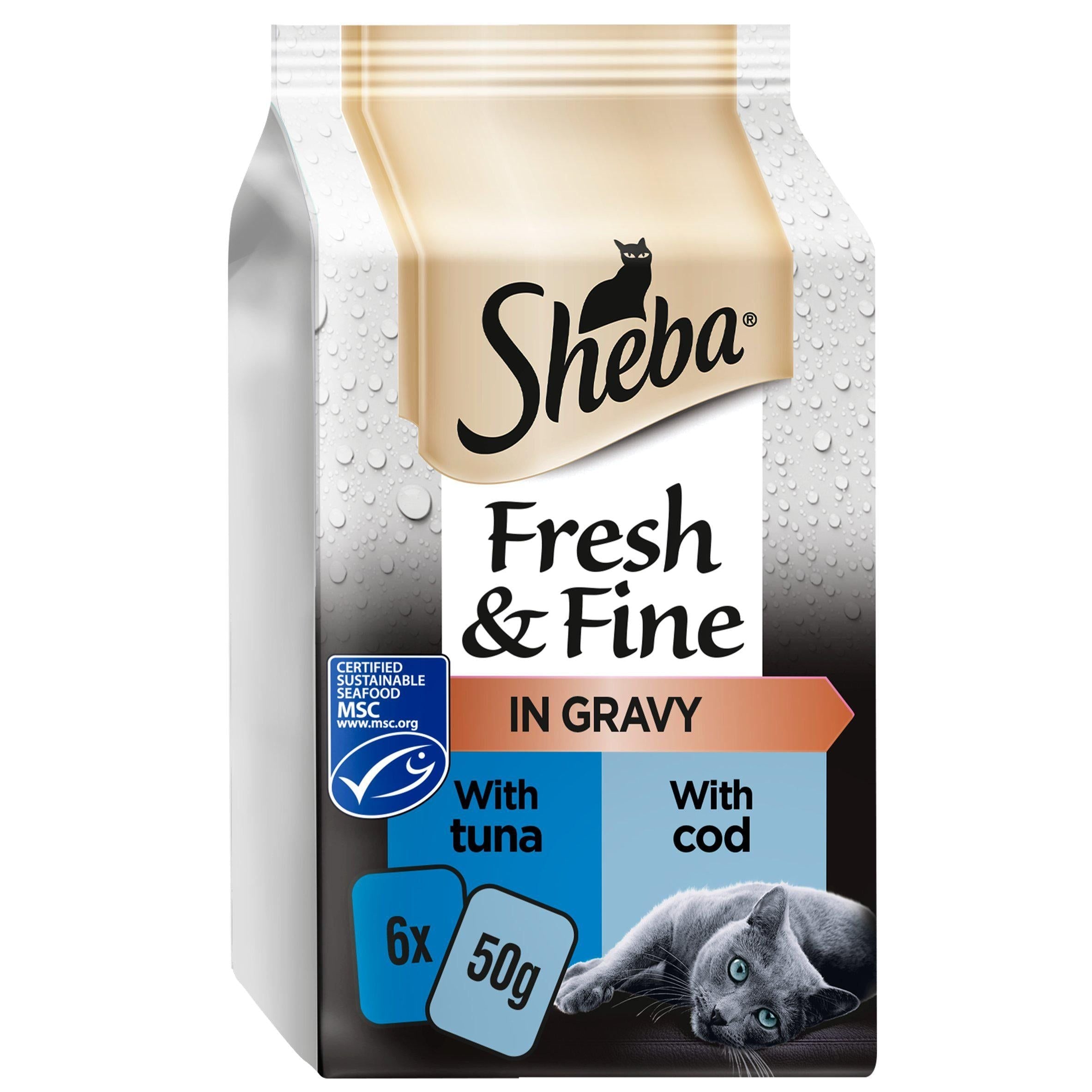 Sheba Fresh &amp;amp; Fine Tuna &amp;amp; Cod in Gravy Wet Cat Food Pouches 6 x 50g